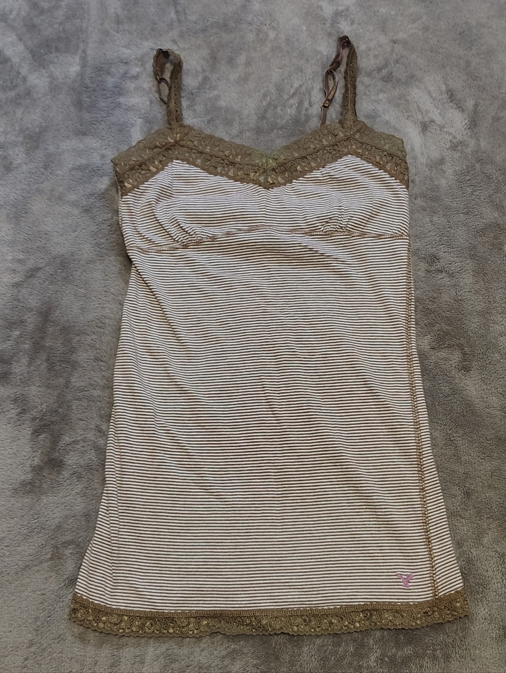 Y2K Vintage American Eagle Lace Trim Brown Cream Cami Tank Top Small Medium